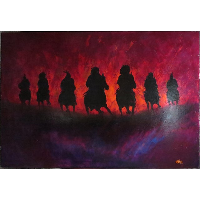 Donald Brewer Aka Wakpa Original Art Painting on Canvas 7 Night Riders For Sale - Image 4 of 10