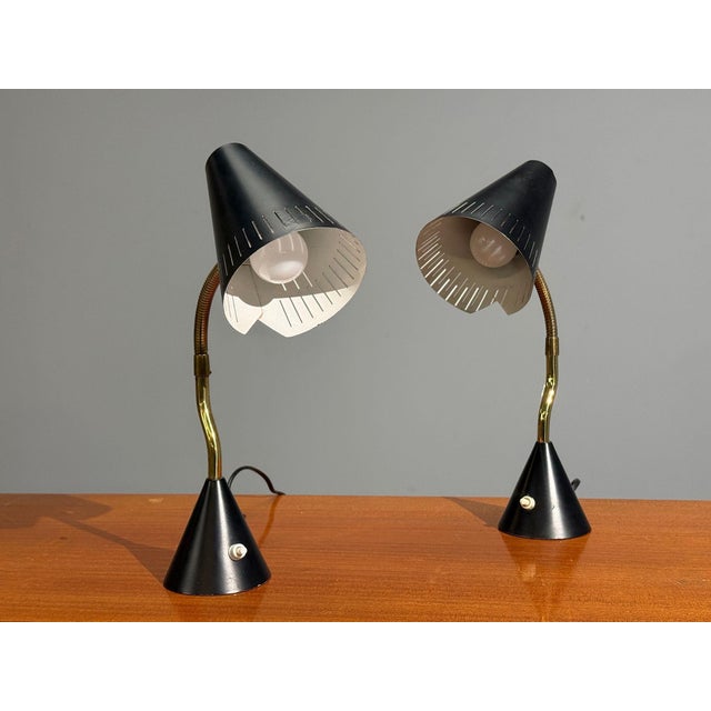 Falkenbergs Belysning, Swedish Mid-Century Modern, Table Lamps, Metal, Brass, Sweden, 1950s Pair of model 6151 adjustable...