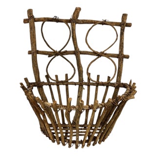 Vintage Farmhouse, Cabin, Lodge, Handmade Twig Flat Back Wall Basket For Sale