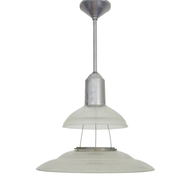 Space Age Industrial Glass Flying Saucer Pendant in the style of Holophane, 1970s For Sale