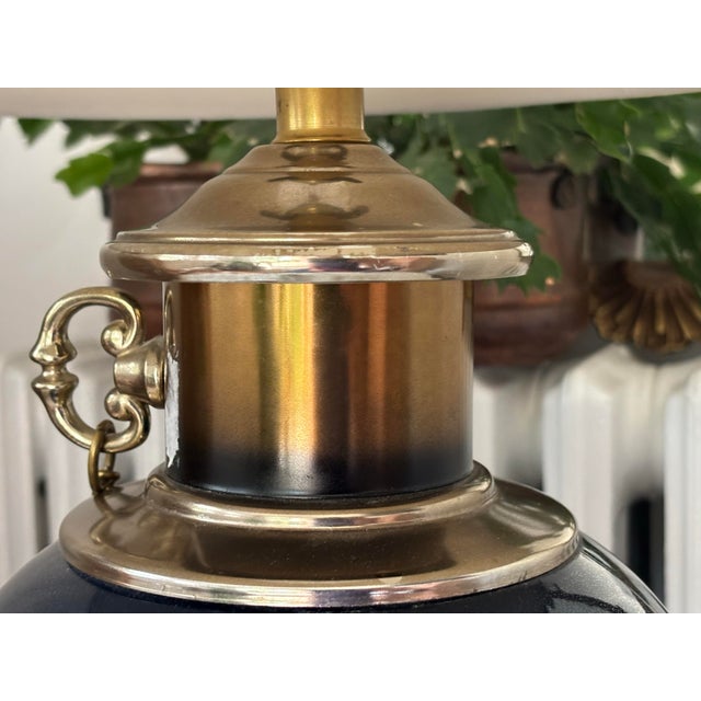 English 1950s Brass and Indigo Blue Porcelain Lamp With Shade For Sale - Image 3 of 10