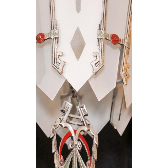 1930s Art Deco Polychrome Pendant Light With Etched Glass For Sale - Image 4 of 7