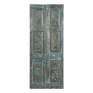 Antique Blue Floral Carved Sliding Barn Door | Reclaimed Wood Architectural Panel 80x32 For Sale