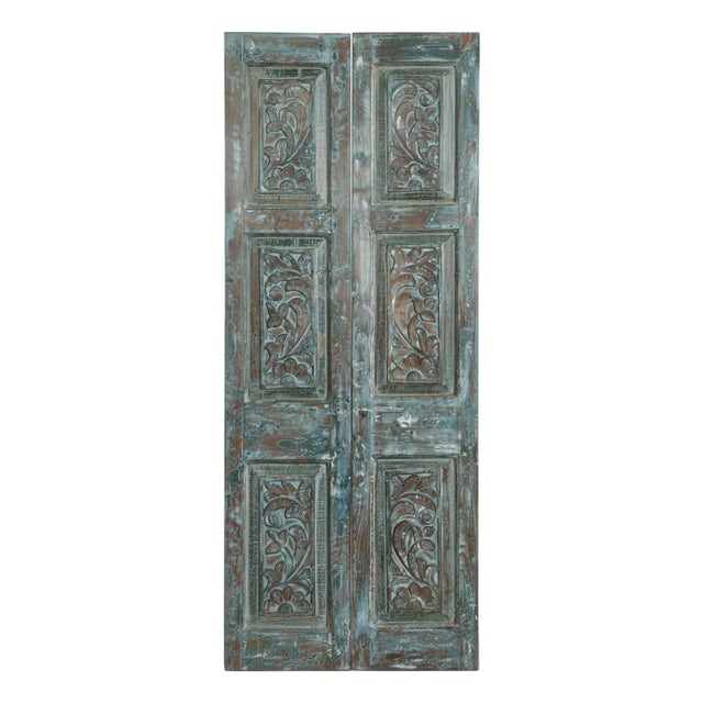 Antique Blue Floral Carved Sliding Barn Door | Reclaimed Wood Architectural Panel 80x32 For Sale