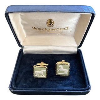 Vintage Wedgwood British Royal Gold Plate & Green Jasper Cufflinks OriginalCase For Sale