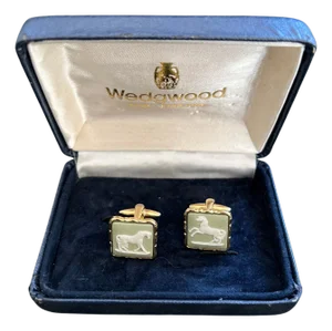 Vintage Wedgwood British Royal Gold Plate & Green Jasper Cufflinks OriginalCase