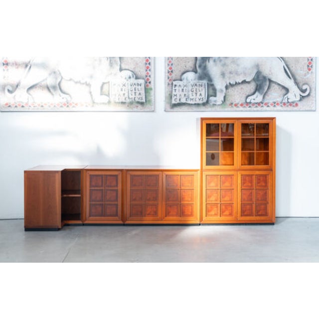 Modular Corner Cabinet in Cherrywood with Glass and Carved Doors with Fox Hunt Design, 1970s, Set of 4 For Sale - Image 12 of 12