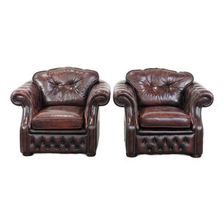 English Style Red-Mottled Cowhide Chesterfield Armchairs, Set of 2 For Sale