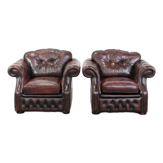 English Style Red-Mottled Cowhide Chesterfield Armchairs, Set of 2 For Sale