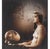 A woman sits with a birdcage crowning her head — a live bird perched inside it — while beside her an ostrich egg has...