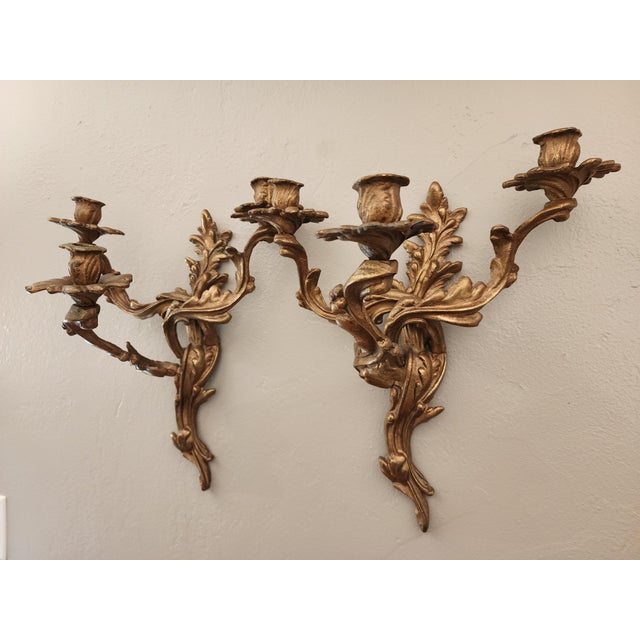 Antique Art Nouveau Pair Heavy Cast Gilt Brass 3 Light Wall Sconces With Aged Patina For Sale - Image 11 of 16