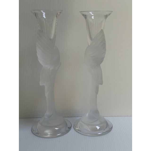 Pair of Frosted Crystal Snow Kissing Doves Candlesticks Sign Igor Carl Faberge for the House of Faberge Made in France For Sale - Image 9 of 18
