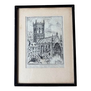 Framed Signed Vintage Pen and Ink of Worcester Cathedral England For Sale