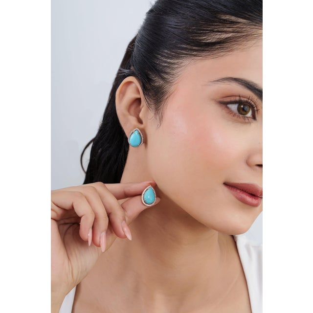 8.88ct Sleeping Beauty Turquoise Solitaire Halo Diamond 14k Gold Earrings- A Pair For Sale - Image 10 of 15
