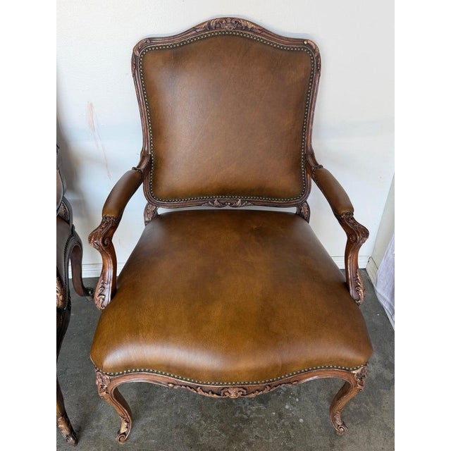 Pair of VIntage French Louis XV Cognac Leather Fauteuils For Sale - Image 4 of 18