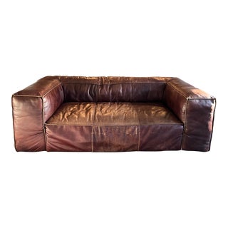Restoration Hardware Fulham Brown Leather Sofa For Sale