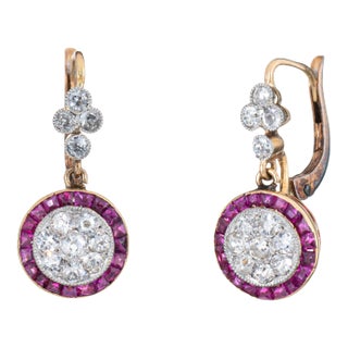 Vintage Diamond Ruby Earrings 14k Gold Platinum Drops Old Mine Cuts Jewelry, Pair For Sale
