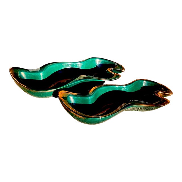 1950s Large BIomorphic Emerald and Parcel Gilt Ceramic Centerpiece Bowls - a Pair For Sale