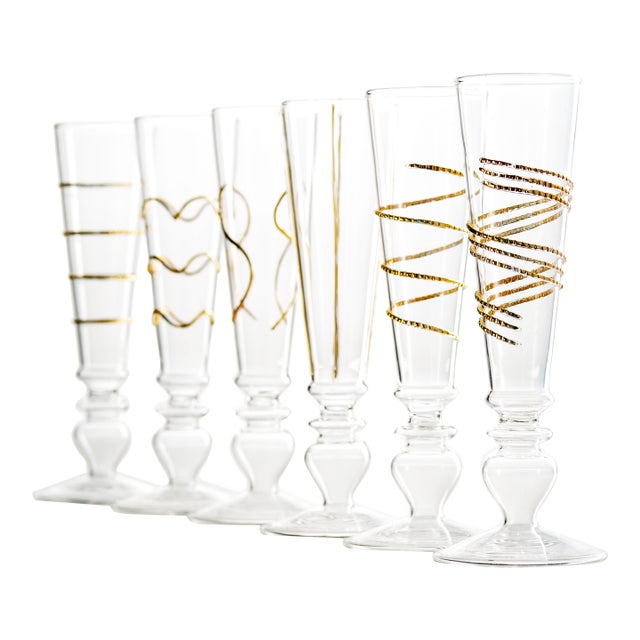 Footed Razzle Dazzle Champagne Flutes with Gold Accents, Set of 6 For Sale