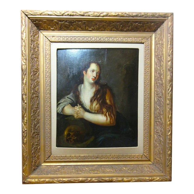 Antique 18th Century Saint Mary Magdalene Skull Religious Oil Painting on Panel For Sale