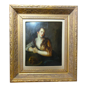 Antique 18th Century Saint Mary Magdalene Skull Religious Oil Painting on Panel