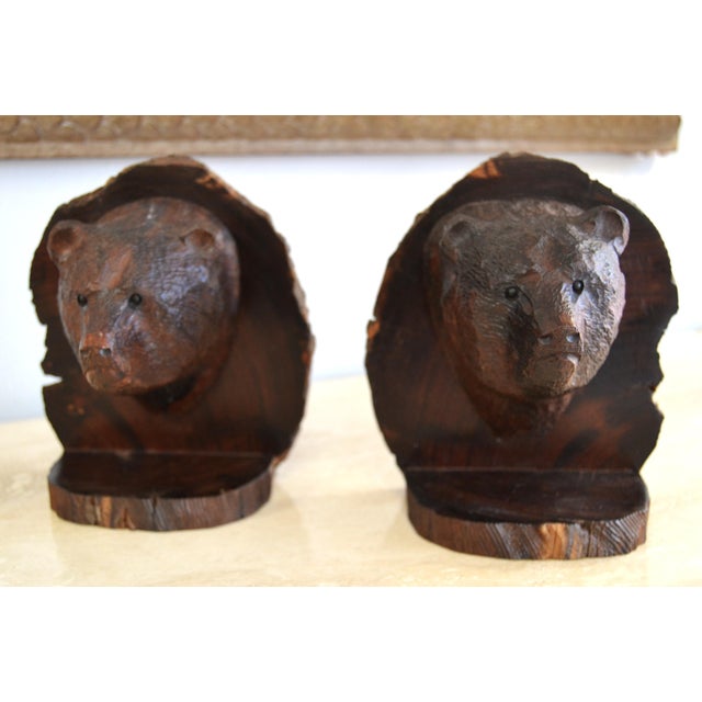 Vintage Pair of Hand Carved Grizzly Bear Solid Wood Bookends Rustic Edwardian For Sale - Image 4 of 10