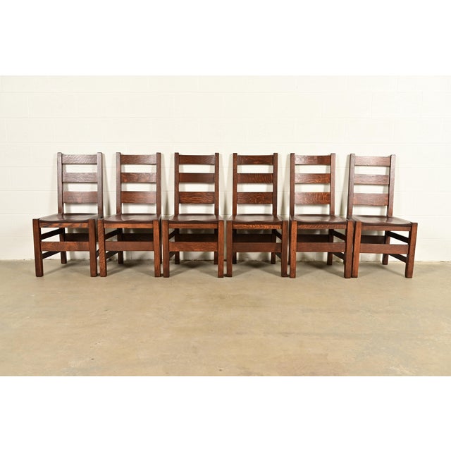 Mission Stickley Brothers Antique Mission Oak Arts & Crafts Ladder Back Dining Chairs, Newly Refinished For Sale - Image 3 of 11
