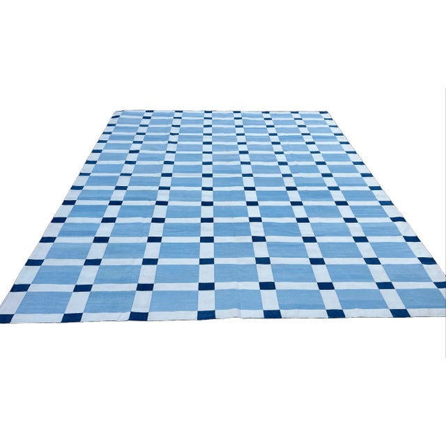 Handwoven Cotton Area Rug, Vegetable Dyed, Sky Blue and White Geometric Dhurrie - 10'x14' For Sale - Image 9 of 10