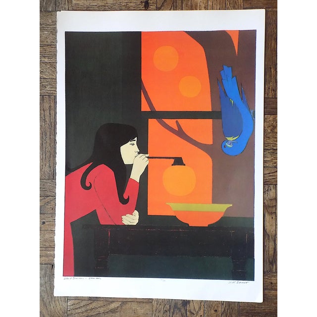 This vintage lithograph (offset) after the well listed U.S. artist Will Barnet (NY 1911-2012) depicts a young woman...