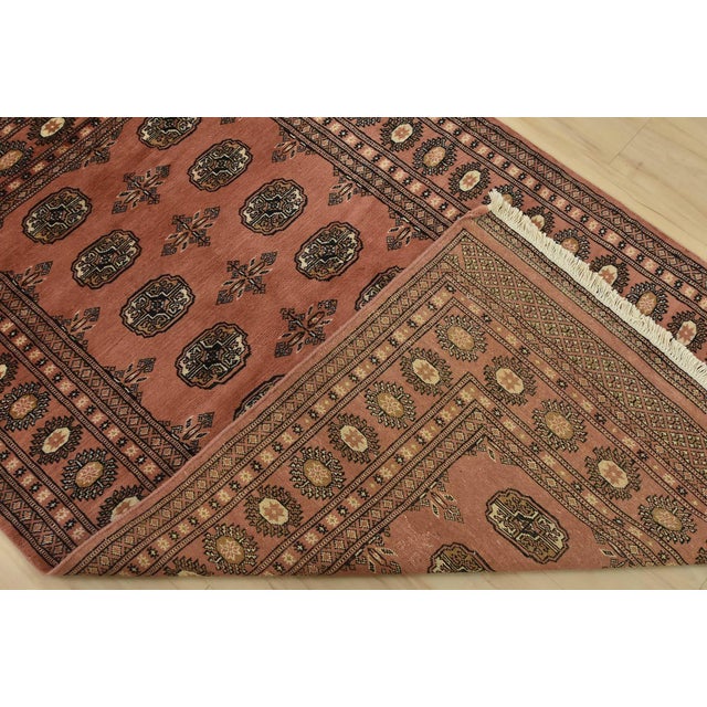 Bokhara Rug 3’11” X 6’6” Pink Wool Tribal Hand-Knotted Oriental Carpet For Sale - Image 10 of 11