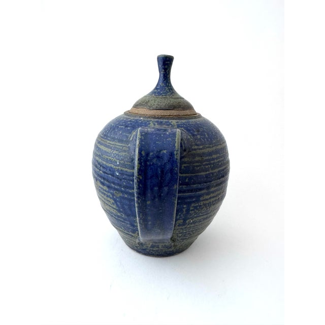 Vintage Blue Stoneware Pottery Teapot, Signed For Sale - Image 4 of 11