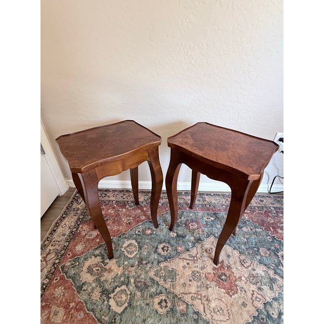 Pair of Vintage Italian Burl Wood End Tables | Made in Italy Rococo Style Accent Tables For Sale - Image 11 of 12