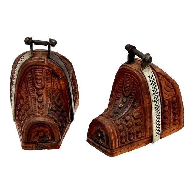 Outstanding Original Pair of Antique Spanish Colonial Hand Carved Wood & Wrought Iron Bedoya Stirrups - Circa 1800s For Sale