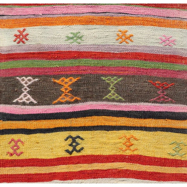 Mid 20th Century Vintage Hand Woven Turkish Kilim Colorful Stripe Runner With Tribal Motifs For Sale - Image 12 of 12