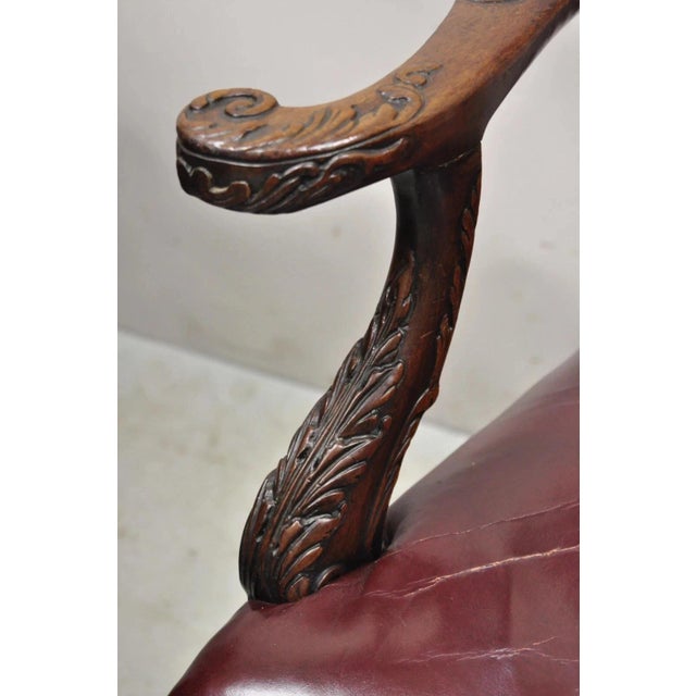 Wood Antique Chippendale Georgian Carved Mahogany Ball and Claw Leather Arm Chair For Sale - Image 7 of 12