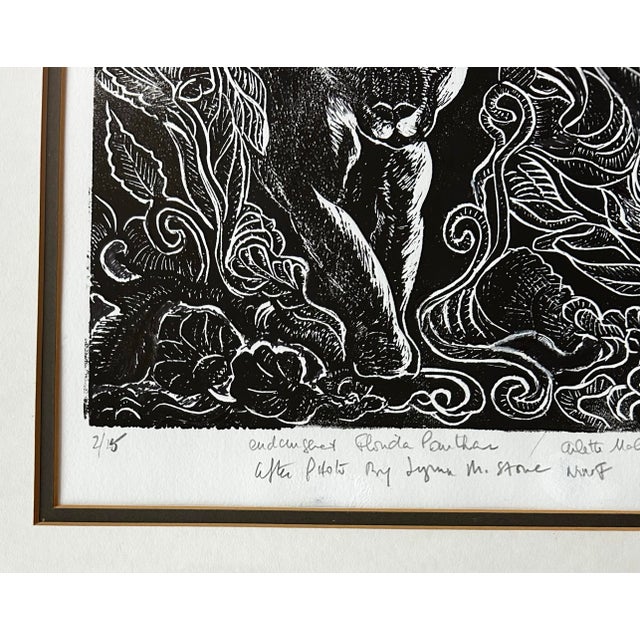 1980s Vintage Impressionist Woodcut Print of Florida Panther in Wood Frame For Sale - Image 5 of 8