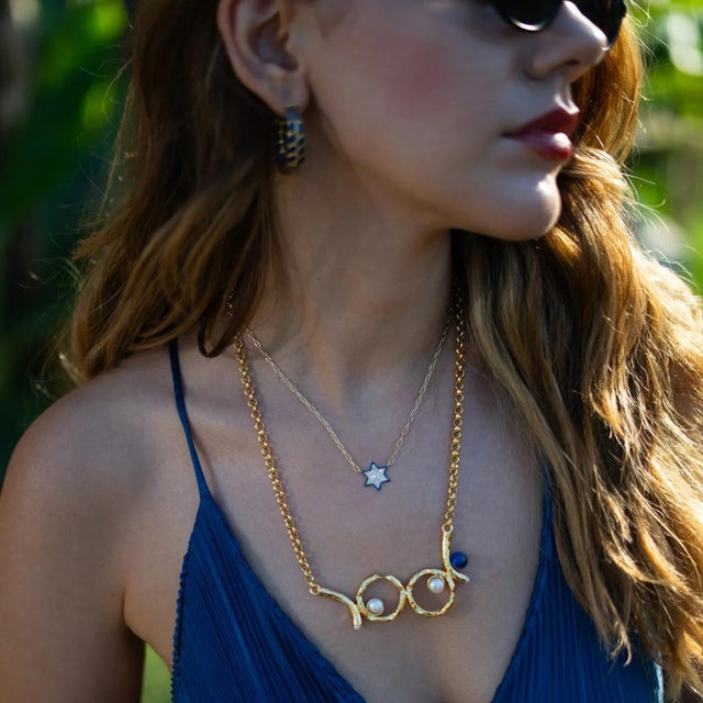 Gemstone Pearl Eclipse Lapis Gold Necklace For Sale - Image 7 of 14