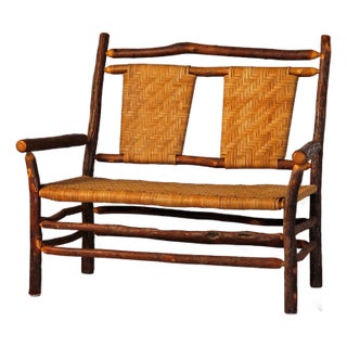 Hickory Artisan Bench With Woven Seat and Backrest For Sale