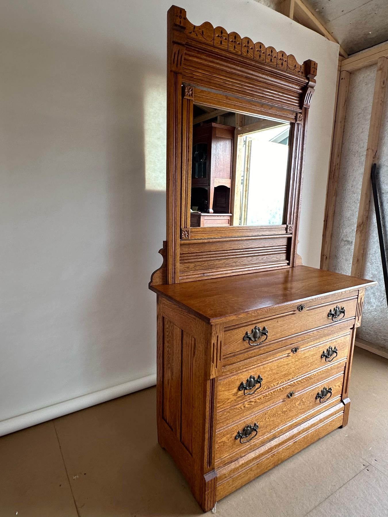 American Antique Oak Wood Eastlake 3 Drawer Dresser With Large Mirror |  Chairish