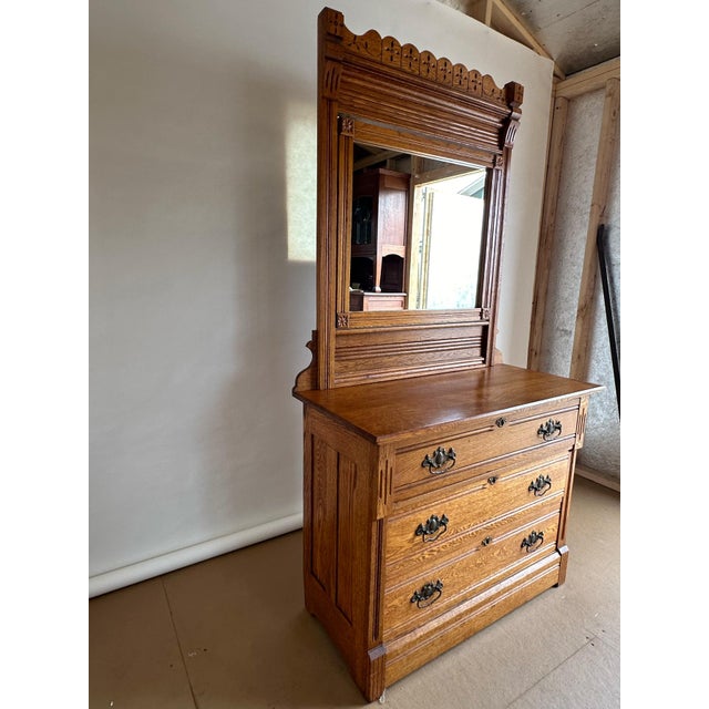 1920s American Antique Oak Wood Eastlake 3 Drawer Dresser With Large Mirror For Sale - Image 5 of 9