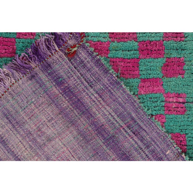 1950s Vintage Tulu Rug in Turquoise, Magenta Geometric Chessboard Pattern For Sale - Image 5 of 6