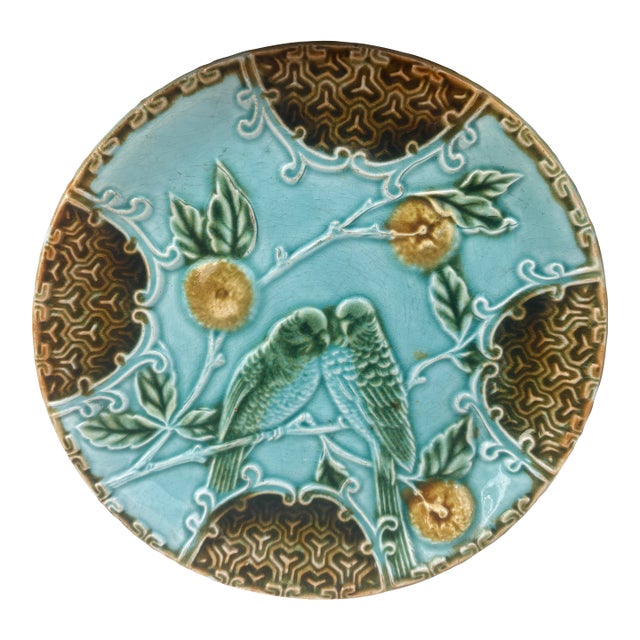 Majolica Parakeets Plate Salins, Circa 1890 For Sale