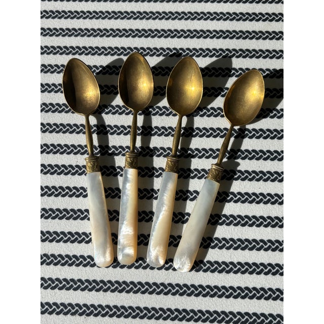 Brass Antique 19th Century Mother-of-Pearl Handle Dessert Spoons / Coffee Spoons - Set of 4 For Sale - Image 8 of 14