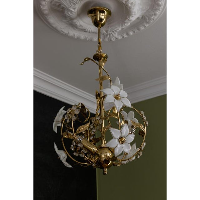 Metal Hollywood Regency Style White Murano Glass Flower and Metal Chandelier, 1980s For Sale - Image 7 of 18
