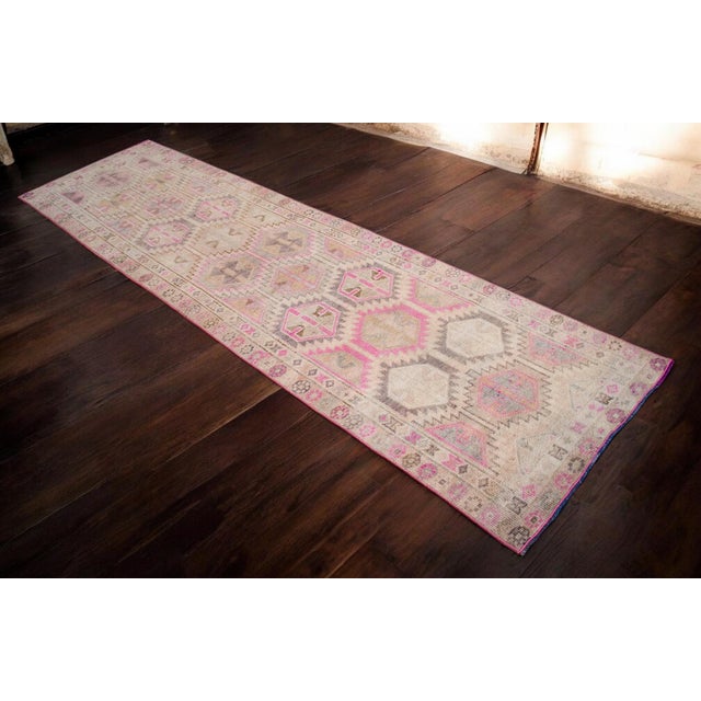 Vintage Turkish Hand-Knotted Runner Rug Pink Hallway Kitchen Decor - 2′9″ × 10′ For Sale - Image 4 of 17