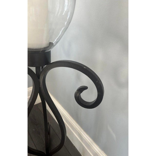1990s Set of 3 Monumental Wrought Iron Floor Candelabras With Etched Glass Hurricanes Spiral Detail For Sale - Image 5 of 10