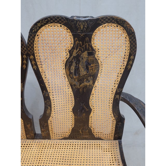 Antique 19th Century English Chinoiserie Lacquer and Cane Chair Back Settee For Sale In Denver - Image 6 of 18