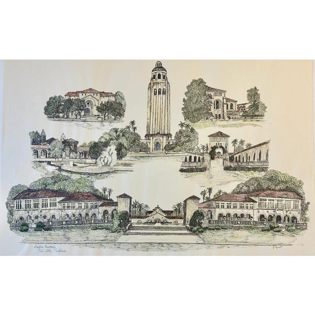 Mid-Century Modern 1980s Stanford University Palo Alto, California Campus Print by Liz Bryant – Hand-Colored Architectural Illustration, 24” X 18” For Sale - Image 3 of 5