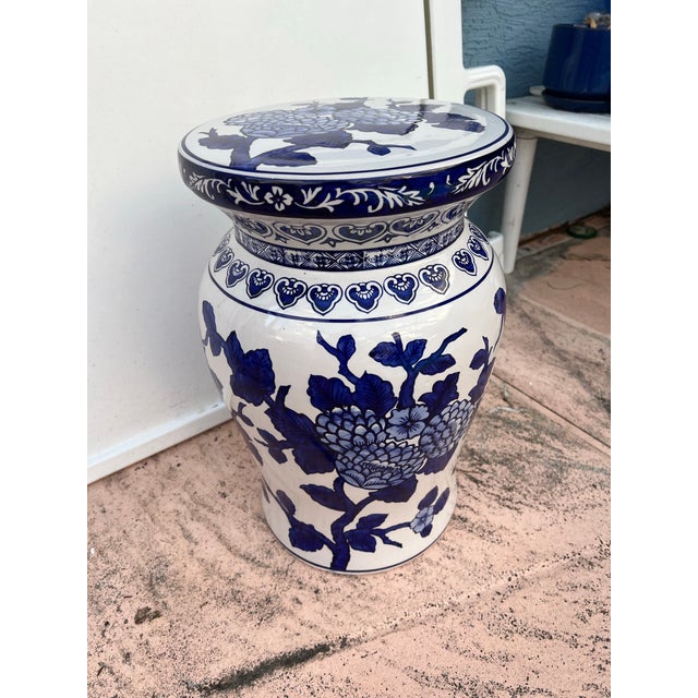 Modern Late 20th Century Blue & White Ceramic Asian Garden Stool or Plant Stand For Sale - Image 3 of 10