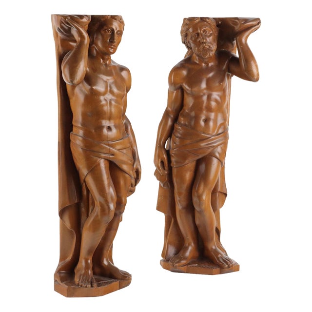 Carved Wooden Male Figures, Set of 2 For Sale